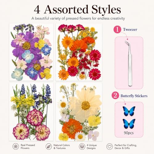 173 pcs Dried Flowers for Resin, Natural Flowers and Leaves Kit with Butterfly Stickers， Vacuum Sealed DIY Pressed Flowers for Jewelry Molds, Candle Soap Making, Scrapbook, Nail Art (Colorful-G)