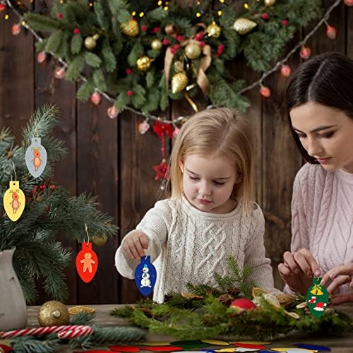 Queekay 50 Pcs Christmas Unfinished Wooden Light Bulb Wooden Slices Blank Hanging Decorations with Rope Unfinished Predrilled Discs for Christmas Crafts DIY Decoration(Multi Colors)