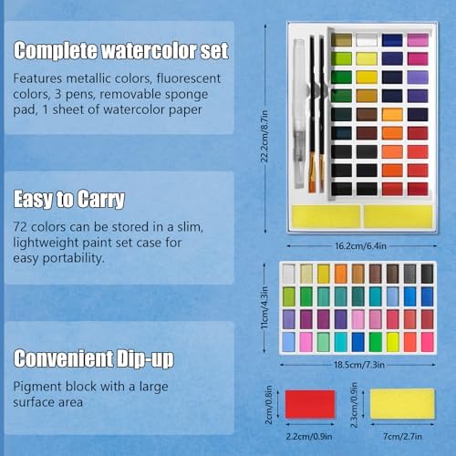 72 Colors Large Block Watercolor Paint Set for Watercolors Workbook, Portable Water Colors Paint Kit with 2 Paintbrushes 1 Waterbrush, for Adult Painting Beginners & Professional Amateur Hobbyists