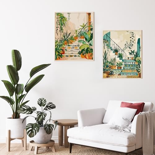 Possoco 2 Pack Paint by Numbers Kit for Adults Beginner, Boho Green Plant Adult Paint by Number Kits on Canvas, DIY Acrylic Number Painting for Adults for Home Wall Decor Gift 16x20 Inch