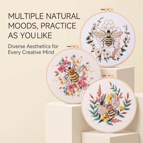 Harimau Beginner Adult Embroidery Kit, All-in-One Starter Pack with 3 Patterns, 3 Hoops, Scissors, Needles, Instruction Manual & Stitching Video Guides
