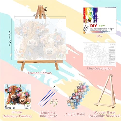 Highland Cow Paint by Numbers for Adults with Framed Canvas - Wooden Easel