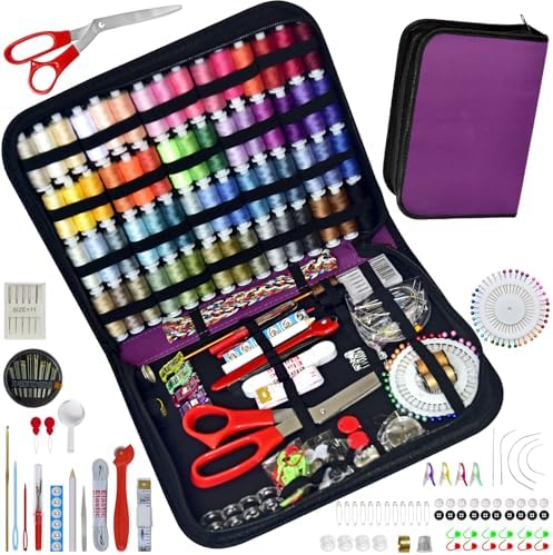 Sewing Kit with Case Portable Sewing Supplies for Home Traveler, Adults, Beginner, Emergency, Contains 60 Sewing Thread, Scissors, Needles, Measure etc（Dark Burgundy，XL)