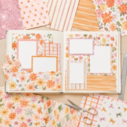24 Sheets Orange Floral Scrapbook Paper, 12x12 Double Sided Craft Paper Pad