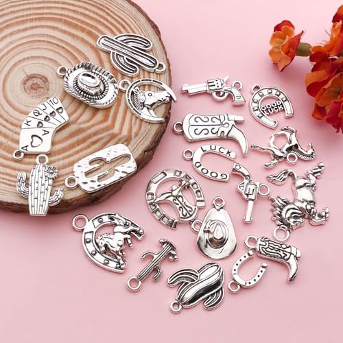 80pcs Western Cowboy Themed Charms Set - Zinc Alloy 3D Miniature Cowboy Hat, Horse, Boot Shoe Charms for DIY Jewelry Making, Keychain Crafts Accessory Tools -Durable, Versatile, and Perfect for Creative Projects (Antique Silver)