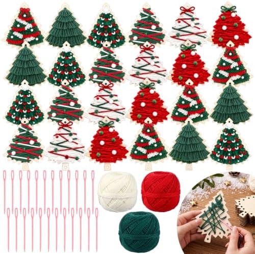 Kathfly 24 Set Christmas Wooden Craft Kit Christmas Tree String Craft Ornaments with Yarn and Plastic Weaving Tools DIY Art Hanging Decorations for Classroom Xmas Holiday Party Favor Home Activities
