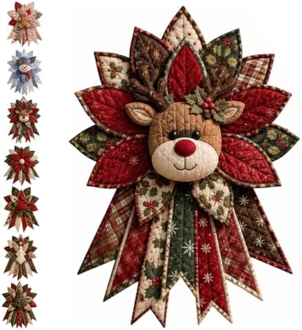 Festive Quilted Christmas Door Hanging DIY Sewing Kit, Christmas Quilted Bow DIY Kit with Fabric, Batting, Thread, Templates & Instructions, Patchwork Hanging Decor Kit for Door Wall Display (G-1)