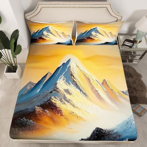 Natural Landscape Themed Bed Sheet Set Queen Size Golden Sunset White Snow Mountain Mattress Cover Artistic Sheets for Boys Girls Bedroom Golden with Flat,Fitted Sheet Pillowcase 4Pcs