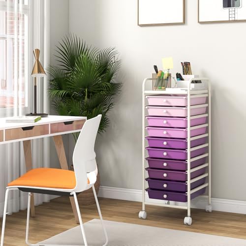 Storage Cart, Rolling Utility Cart with 10 Drawers, Portable Handles & Lockable Wheels, Mobile Paper Toys Storage Organizer Large Capacity for Home Office School Teacher (Purple Gradient)