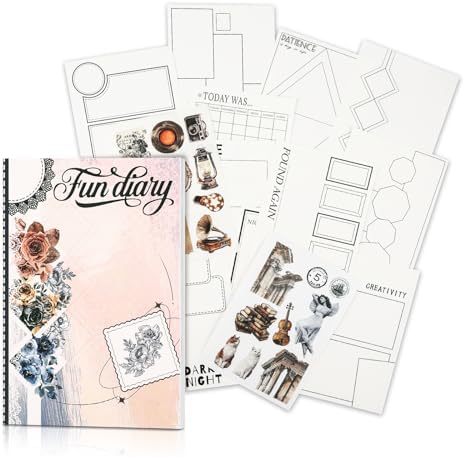 Dizdkizd Creative Art Journal Pocket-Sized Notebook with 28 Interesting Concept Templates Pages and 8 Die-Cut Stickers for Daily Journal, Planner, Mixed Media, 4.1in × 5.8in, Black