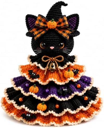 Halloween Crochet Tabletop Decor DIY Kit, Crochet Animal Halloween Tree DIY Craft Kit with Pumpkin Cow Character, Handmade Creative Holiday Craft Set for Adults, Gift for Craft Lovers，Black Cat