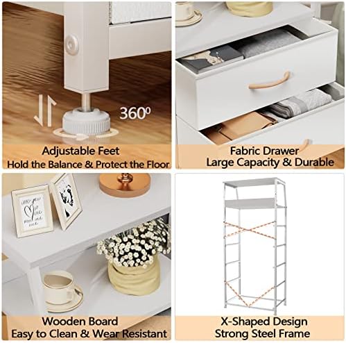 Furnulem White Tall Dresser for Bedroom, 5 Fabric Bins Tall Nightstand