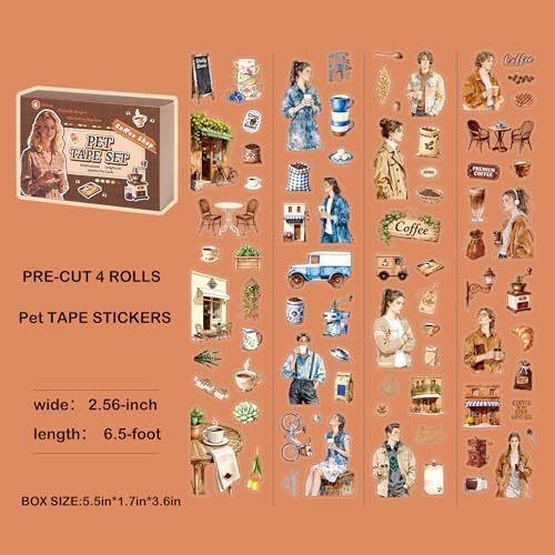 4 Rolls PET Tapes Coffee washi Tape Pre-Cut Tape Stickers for Scrapbooking People Stickers Transparent journaling Tape Sticker Sticker Rolls for Scrapbook Tape Decorative
