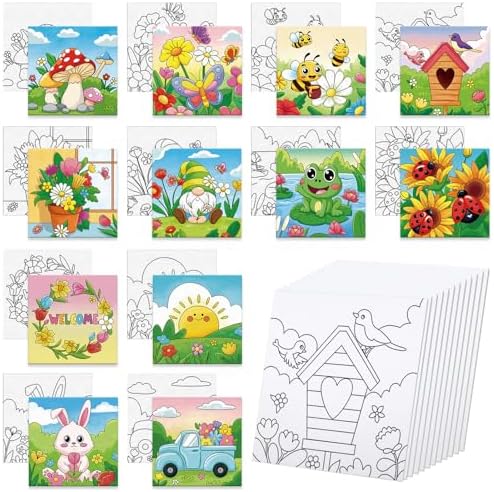 Anseal 12 Packs Pre Drawn Canvas to Paint, 4" X 4" Spring Pre-Printed Paint Party, Pre Stretched Canvas Outline Painting Boards for Paint Lovers, Party Favor