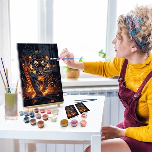 JOOZ Paint by Numbers Kit for Adults with Frame Tiger Paint by Number with Easel Animal Adult Paint by Number Kits on Canvas DIY Paint by Number for Adults for Gift Home Wall Decor 7.87x11.81 Inch