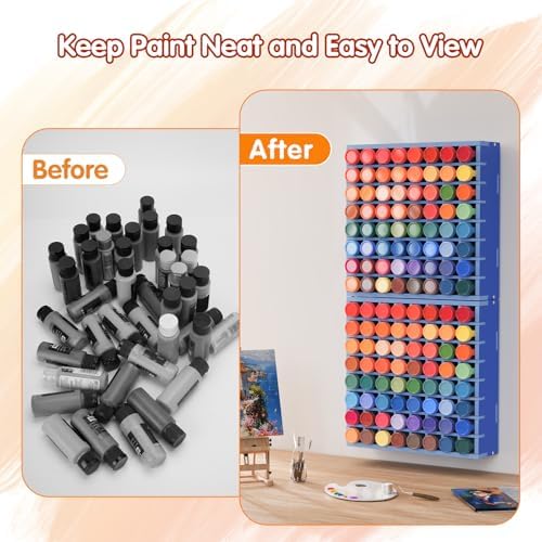 Krafetto 2 Pack 64-Grid Paint Organizer for 2 Oz Bottles, Wall Mount, Blue