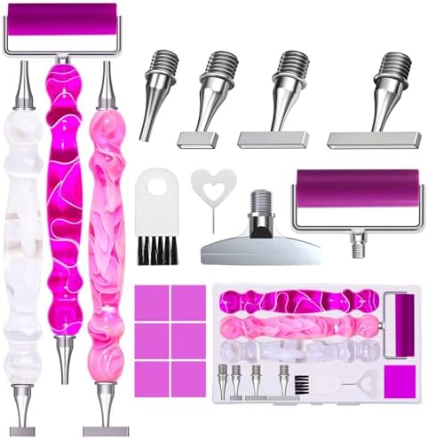 ZYNYXY 17PCS Ergonomic Diamond Art Pen Kits, with Multifunctional Metal Stainless Steel Screw Thin 1, 3, 6, 9, Tips, Correction Placers Roller Accessories (Purple + Pink + White + 5 PCS Tips)