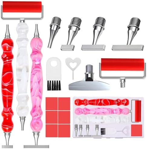 ZYNYXY 17PCS Ergonomic Diamond Art Pen Kits, with Multifunctional Metal Stainless Steel Screw Thin 1, 3, 6, 9, Tips, Correction Placers Roller Accessories(D-Red + Pink + White+ 5 PCS Tips)