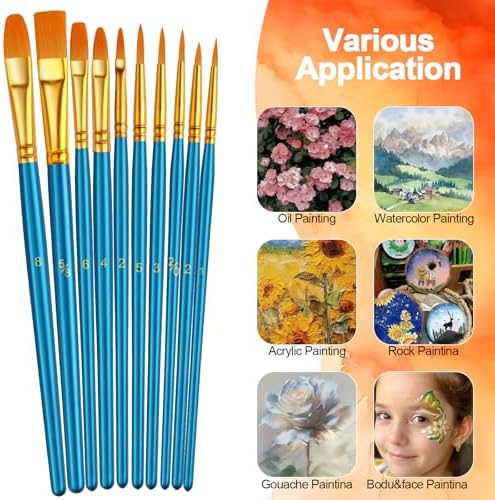 Paint Brushes Set, 5 Pack 50 Pcs Round-Pointed Tip Paintbrushes Nylon Hair Artist Acrylic Paint Brushes for Acrylic Oil Watercolor, Face Nail Art, Miniature Detailing & Rock Painting, Blue