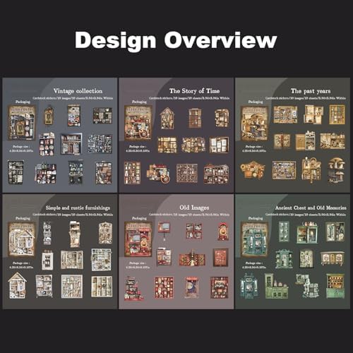 60PCS Retro Cabinet Cardstock Stickers Set, Vintage Drawer and Shelf Scene Designs – Peel and Stick Decorative Cards for Scrapbook Journal Junk Journal Collage Albums and Frames