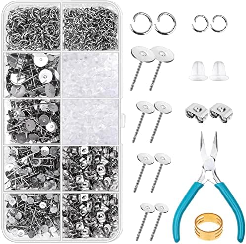 Caffox Hypoallergenic Earring Posts and Backs, 1800pcs Stainless Steel Stud Earring Kit with Earring Base Studs, Earring Backs and Jump Rings for Clay, Resin, Pearls, Jewelry Making and Crafting