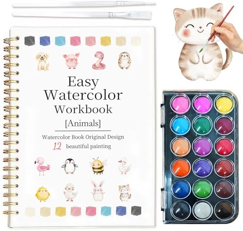 Easy Watercolor Workbook for Beginners - 12 Beautiful Step-by-Step Paintings Water Coloring Book, Includes 18 Water Colors, Relaxing Art Projects and Creative Gift for Adults & Teen (Animals)