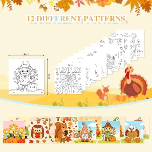 Fall 12 Packs Pre Drawn Canvas to Paint, Thanksgiving Pre Printed Canvas for Painting, Pre Stretched Canvas Outline Painting Boards for Beginners, Students, Party Favors(4 * 4in)