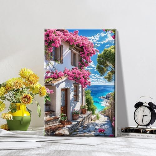ATDMS Paint by Numbers Kit for Adults with Frame Landscape Paint by Number with Easel DIY Flowers House Adult Paint by Number Kits Paint by Numbers Kit on Canvas for Gift Home Wall Decor 8x12 Inch