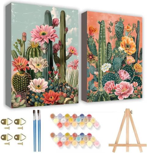 2 Pack Paint by Numbers Kit for Adults Framed Canvas, with Wooden Easel