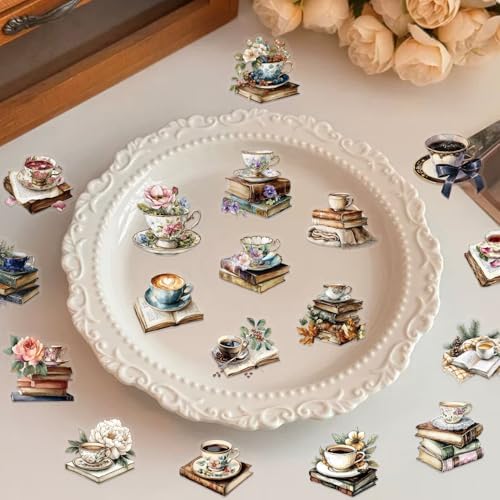 50pcs Vintage Coffee Books Stickers for Laptop Water Bottles, Transparent PET Waterproof Adhesive Teatime Decals Weekend time Sticker for Kids Teens Adult Birthday Party Scrapbook Phone (Retro-4)