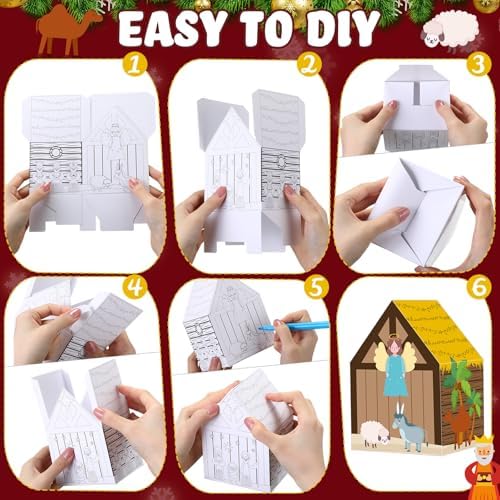 Tenceur 24 Sets Christmas Nativity Crafts Color Your Own Xmas Nativity 3D House Gift Make Your Own Jesus Birth Scene for Holy Night Christian Party Favor Religious Decor Sunday School Project