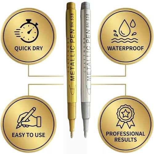 Tombstone Marker Pens Weatherproof Quick-Dry Oil-Based Fine Tip for Restoring Faded Inscriptions on Grave Stones Granite Surfaces，Mixed Loading 4PCs Gold+Silver/Soft nib+Hard pen tip