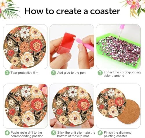 Meothan 8 Pcs Floral Diamond Art Coasters Kit for Adults with Holder 4x4in