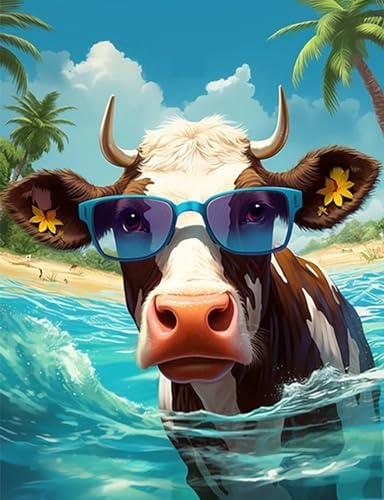 Paint by Numbers Kit for Adults, Beach Cow DIY Acrylic Canvas Painting Set