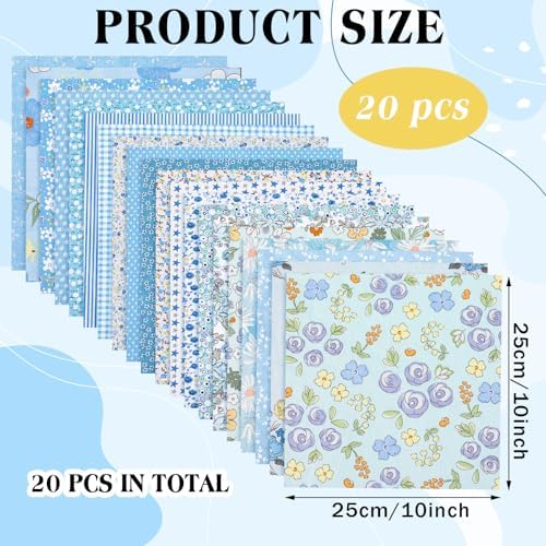 HunnmingRe 20 Pcs 10''x10'' Blue Flower Quilting Fabric Square Spring Floral Precuts Quilted Fabric Bundle Plaid Polka Dot Stripes Printed Sewing Material for Summer Patchwork DIY Craft Supplies