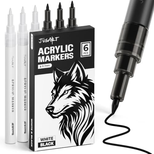 JusArt 0.7mm Fine Point Black & White Permanent Markers, 6 Pack