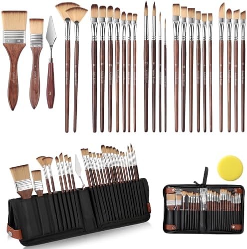 Paint Brushes Set of 26 Pieces Watercolor Acrylic Paint Brushes with Self-Standing Case, Professional Wooden Handle Brushes for Oil, Acrylic and Watercolor Painting, Face Painting