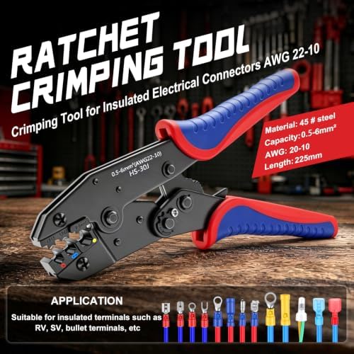 smseace Wire Crimping Tool for Insulated Electrical Connectors 22-10AWG Professional Ratcheting Terminal Crimper