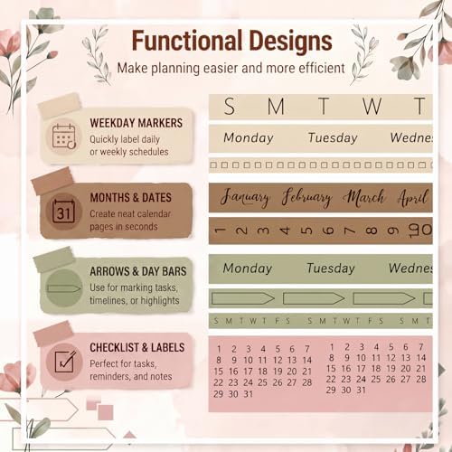 Chuangdi 9 Rolls Calendar Washi Tape Set,Pink, Green, Brown, Light Brown | Vintage Day Week Month Date Number Calendar Washi for Journaling, Planner Decoration, Journal Labels, Arts Crafts