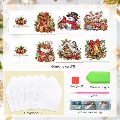 6Pcs Christmas Greeting Card DIY Diamond Art Painting Blessing Folding Card Kit for Adults Beginners with White Envelopes and Tools for Holiday Xmas Arts Crafts Gift-Christmas03
