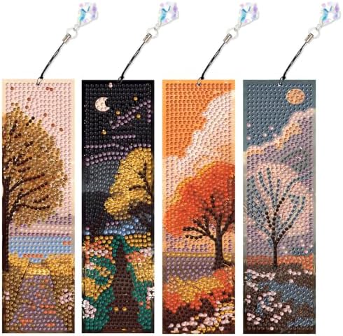 Mandun 4 Pcs Season Diamond Painting Bookmark Kits, Special Shaped Diamond Art Bookmarks with Pendant, DIY Season Diamond Art Bookmarks with Tassels Crafts Gifts Supplies