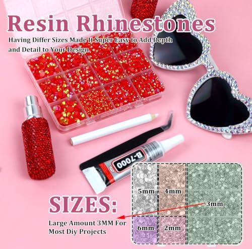 10000PCS Red AB Rhinestones Bedazzling Gems 2/3/4/5/6MM Mix Sizes Resin Jelly Bedazzler Kit Flatback with Complete Tools for DIY, Nail, Art Craft for Girls Gift