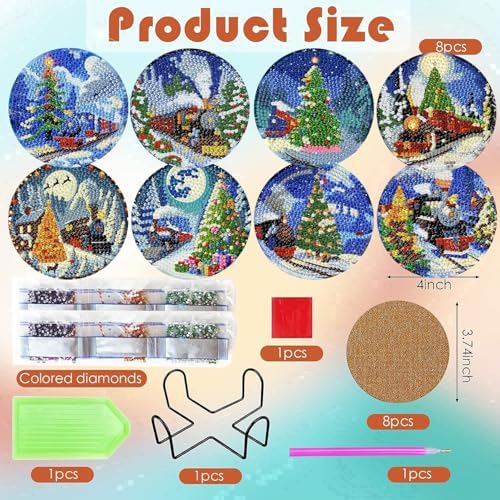 ijbnhd Christmas Train Diamond Art Coasters, 8 PCS, 4x4 inch