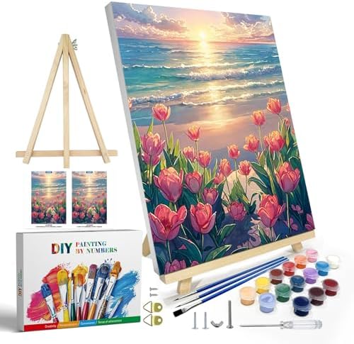 JOOZ Paint by Numbers Kit for Adults with Frame, Flowers Paint by Numbers for Adults, Seaside Sunset Paint by Number with Easel, DIY Tulip Oil Painting Kit for Home Wall Decor 8 x 12 Inch