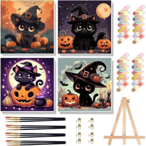 4 Pack Halloween Paint by Numbers Kit for Kids with Frame (Cat, 8x8 inch)