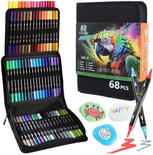 68 Colors Acrylic Paint Markers, Dual Tip Fine & Brush Pens Set