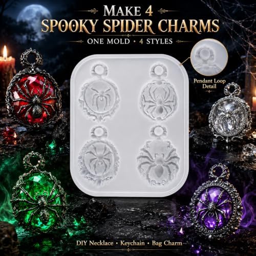 Gothic Ornate Frame Spider Silicone Resin Mold with Pre-Made Hanging Hole, 4 Cavity Spider Cameo Pendant Epoxy Mold, DIY Jewelry Charm Casting Supplies for Halloween & Christmas Crafts (ZZ01)