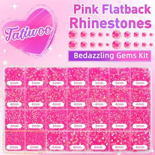 Hot Pink Jelly Rhinestones 2-6mm, 28Grid Flatback Gems Kit for Bedazzling
