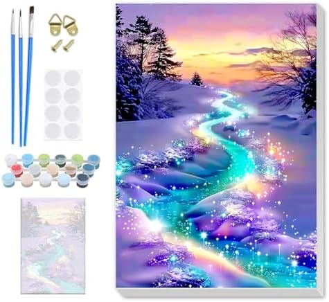 SENQAO Christmas Paint by Numbers for Adults Framed, Snowy River Scene Adults' Paint-by-Number Kits, Adult Paint by Number Kits on Canvas, Acrylic Number Painting for Home Decor, 8x12inch