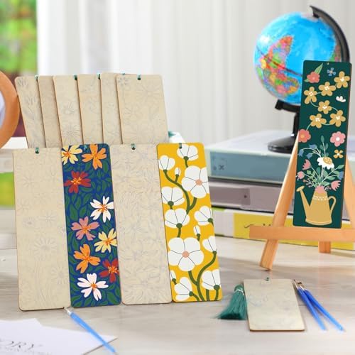 Kosiz 12 Pcs Butterfly Flowers Paint by Number Kit for Adult Wood Bookmark | Mini Paint by Numbers Kit, Painting Decor, Tassels Blank Bookmarks, for Small DIY Craft Book Lovers Gift 7x2 ''